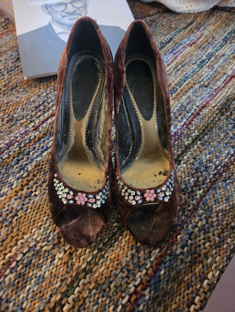 Paolo Womens Velvet Rhinestones Peep Toe Pumps Size 8